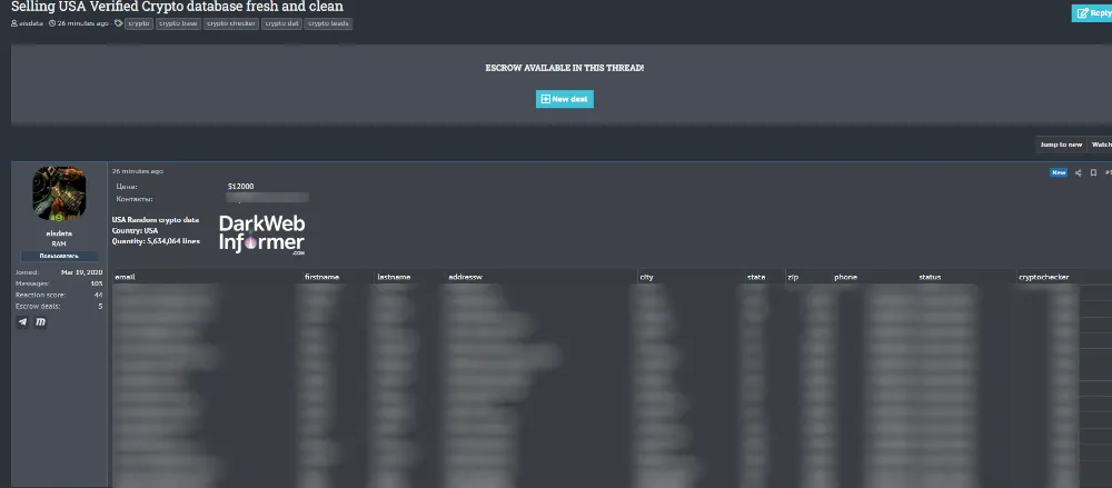 Alleged Sale of Cryptocurrency Database Containing 5.6M U.S. Records