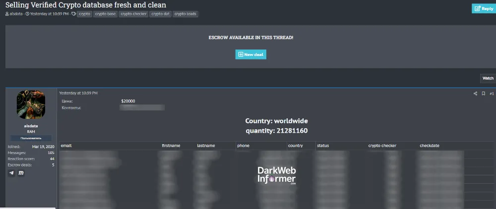 Alleged Sale of Verified Global Cryptocurrency User Database