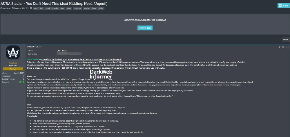 Alleged Sale of the AURA Stealer Malware Toolkit