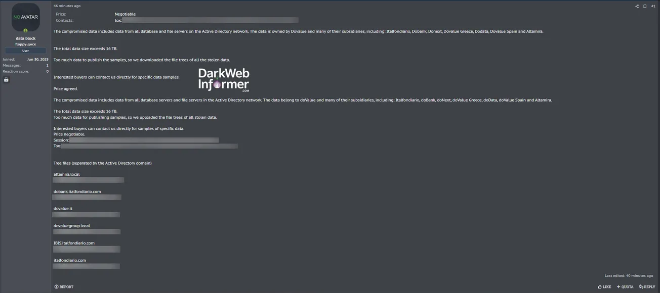 Alleged Data Sale of doValue S.p.A.
