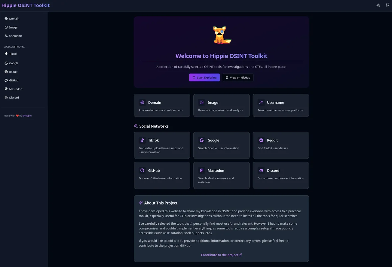 Hippie OSINT Toolkit (HOT): An OSINT toolkit providing informations on techniques and simple tools packaged in a nice responsive UI