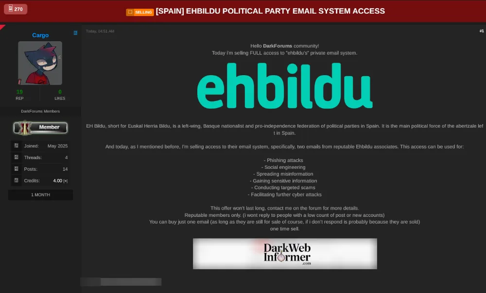 Alleged Sale of Unauthorized Access to Euskal Herria Bildu
