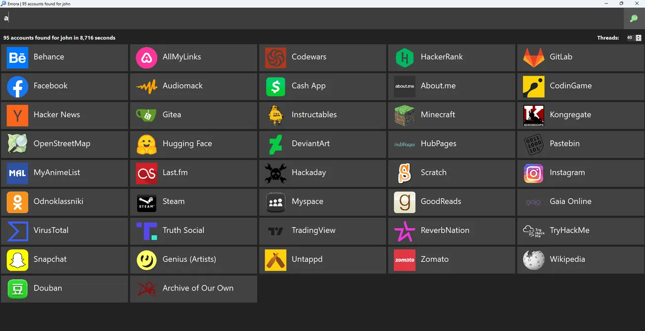Emora: An OSINT tool that allows you to search for accounts by username across social networks
