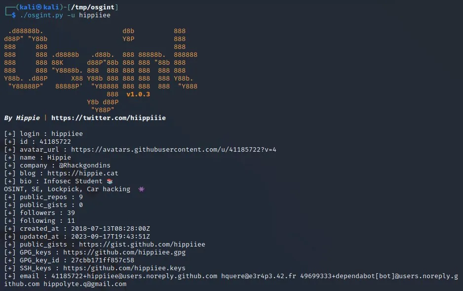 OSGINT: OSINT tool to find informations about a github user (email2username, username2email, creation date ...)