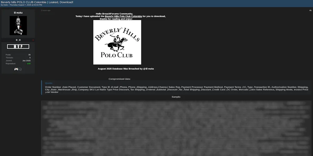 Beverly Hills Polo Club Colombia Breach, Sensitive Customer Data & Transactions Leaked
