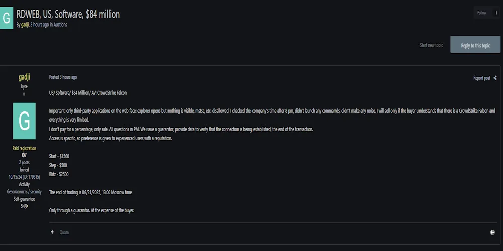 Alleged Sale of RDWeb Access to an Unidentified Software Company in USA