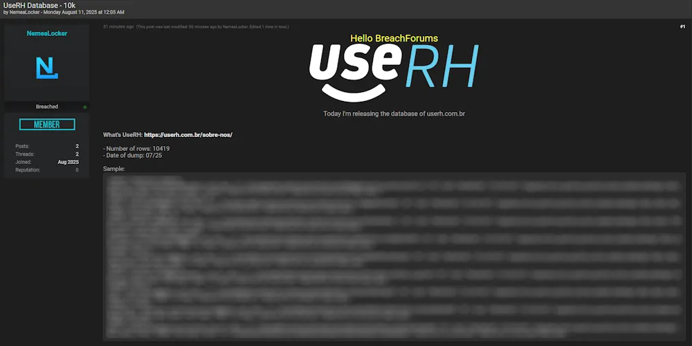 UseRH Database Breach, 10K User Records Allegedly Exposed