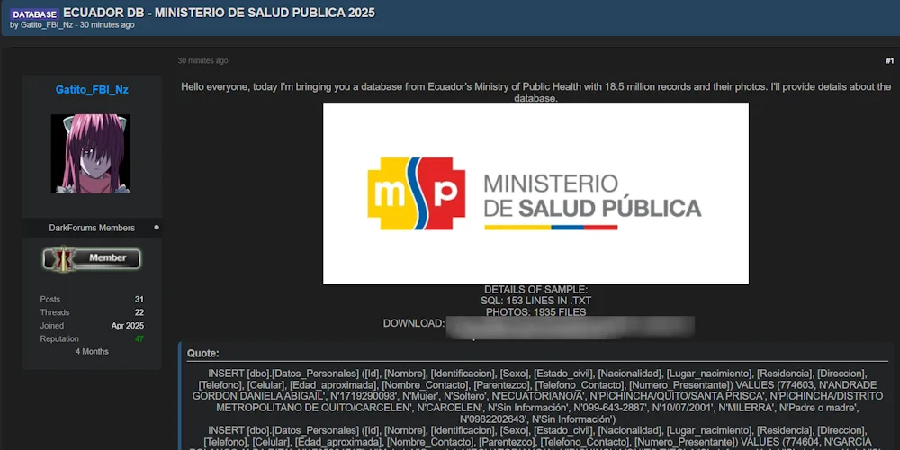 Alleged Data Breach Exposes Sensitive Medical and Government Records at Ministry of Public Health of Ecuador