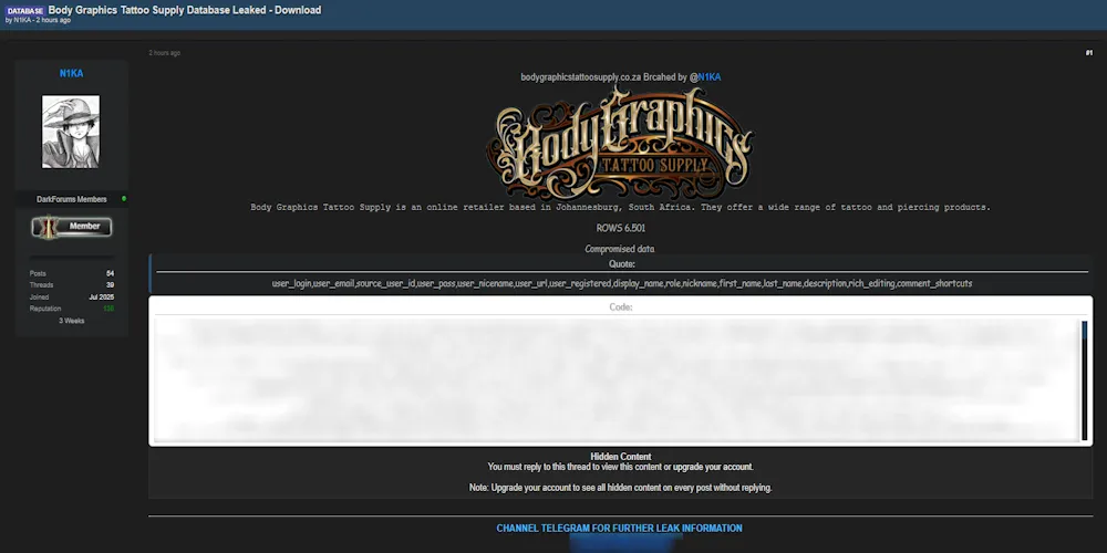 Body Graphics Tattoo Supply Data Leak, 6,501 Records Allegedly Exposed