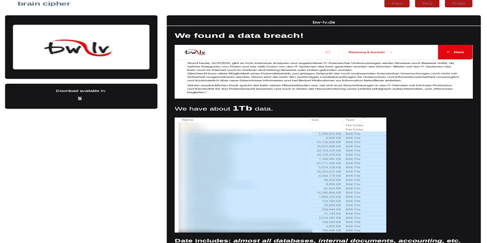Baden-Württemberg State Association for Prevention & Rehabilitation gGmbH Falls Victim to Brain Cipher Ransomware