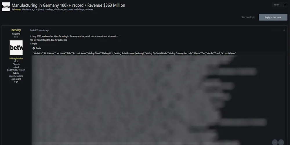 German Manufacturing Company Data Sale, 188,000+ Records Allegedly for Sale