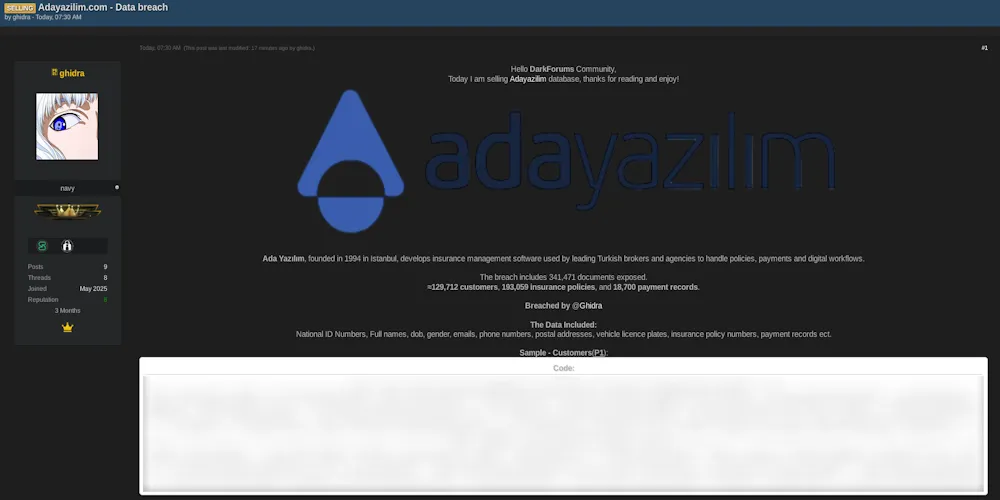 Alleged Data Breach of Ada Yazılım