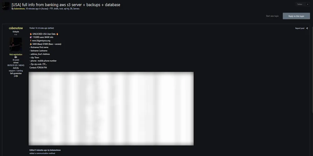 Alleged Breach of an Unidentified U.S. Bank Database