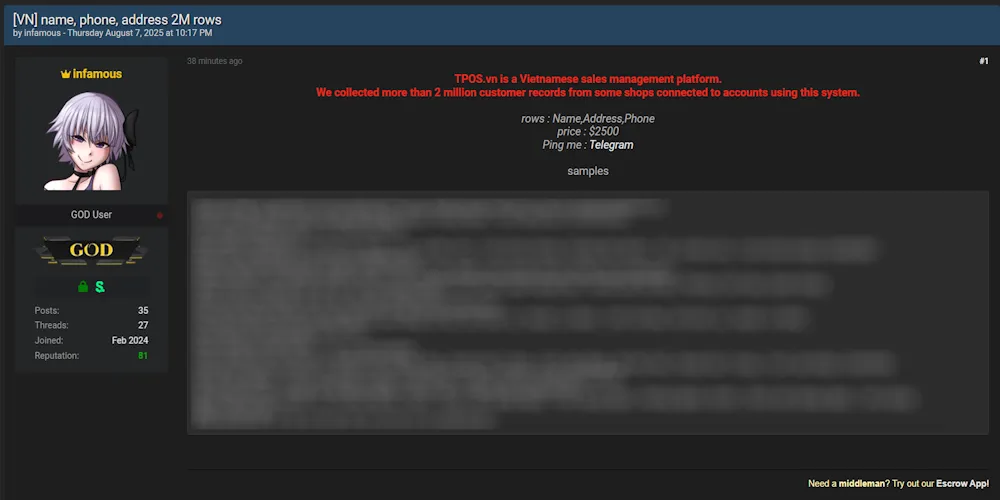 2 Million Customer Records from Vietnam’s TPOS Platform Breached, Names, Phones, and Addresses for Sale