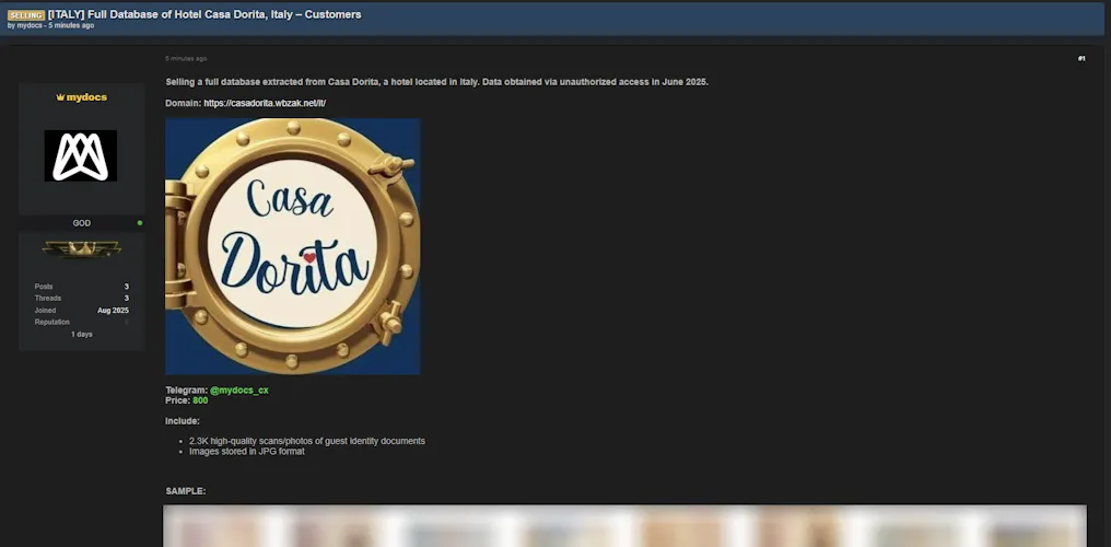 Alleged Data Breach of Casa Dorita Hotel in Italy