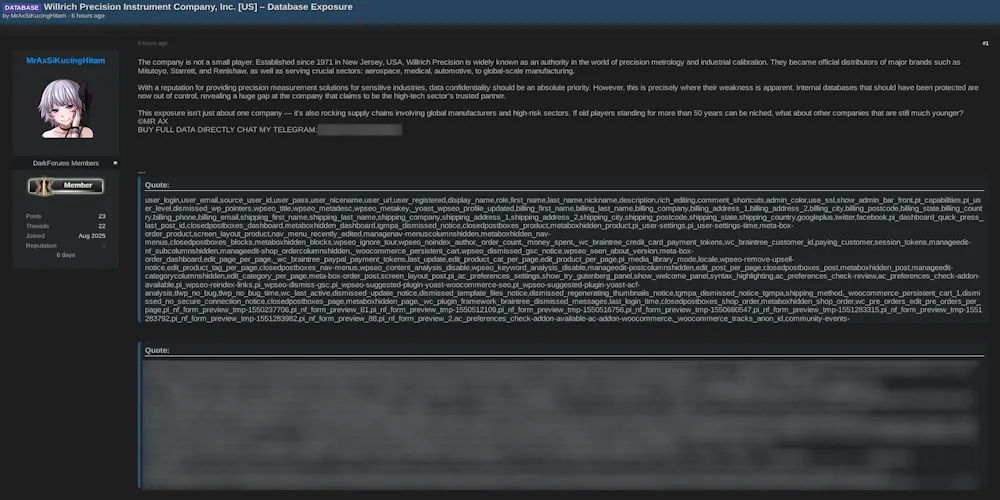 Alleged Data Breach Exposes Sensitive Login Records from Willrich Precision Instrument Company, Inc.
