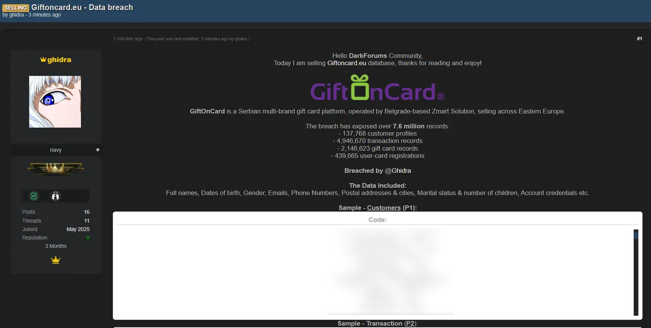 Alleged Data Breach Exposes 7.6 Million Records from GiftOnCard Serbia
