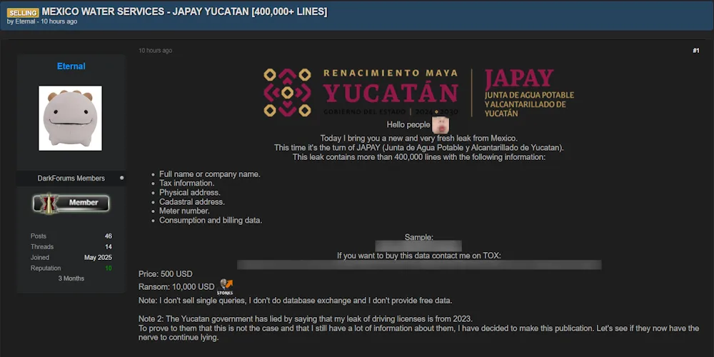 Alleged Data Sale of JAPAY (Junta de Agua Potable y Alcantarillado de Yucatán)