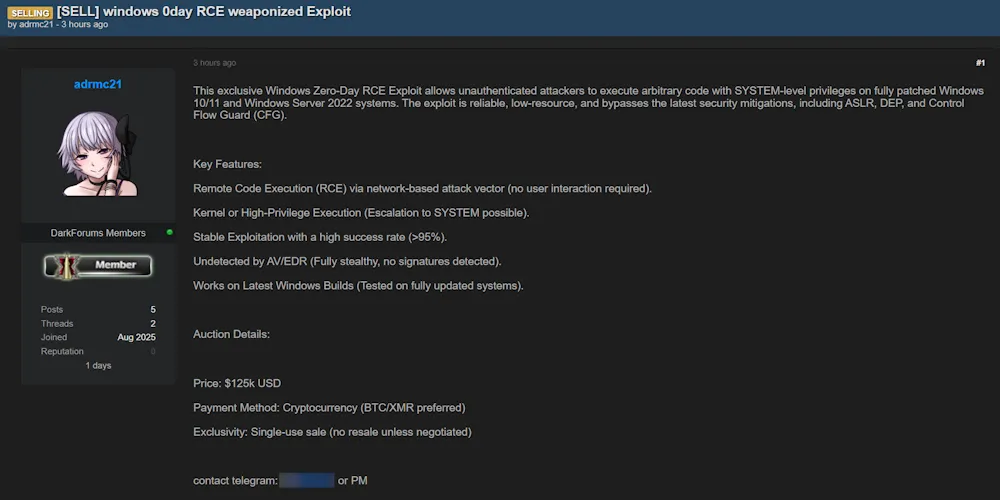 Alleged Sale of Windows Zero-Day RCE Exploit