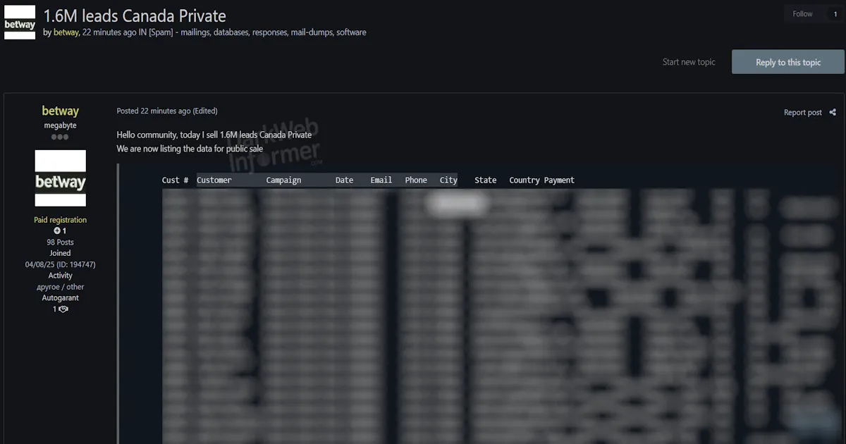 Alleged Sale of 1.6M Leads from Canada