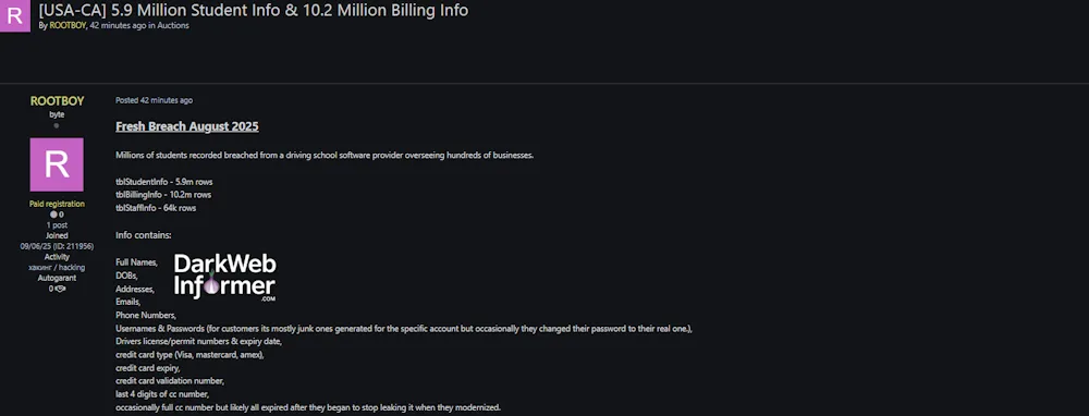 Alleged Sale of Driving School Software Provider Data