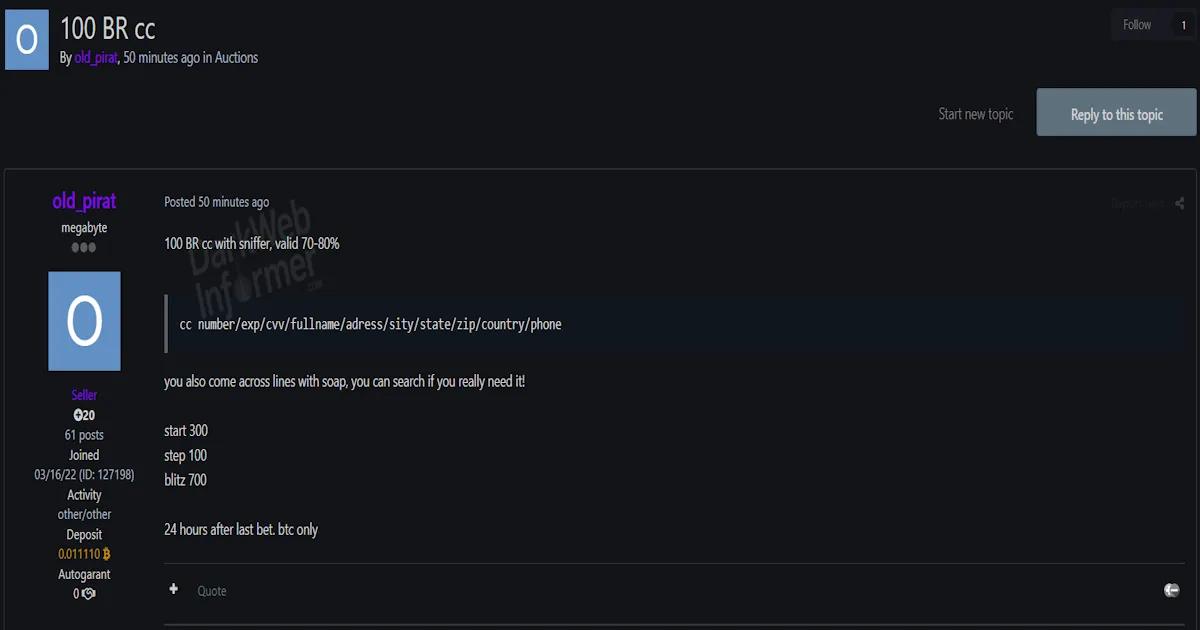 Alleged Sale of 100 Brazilian Credit Card Records