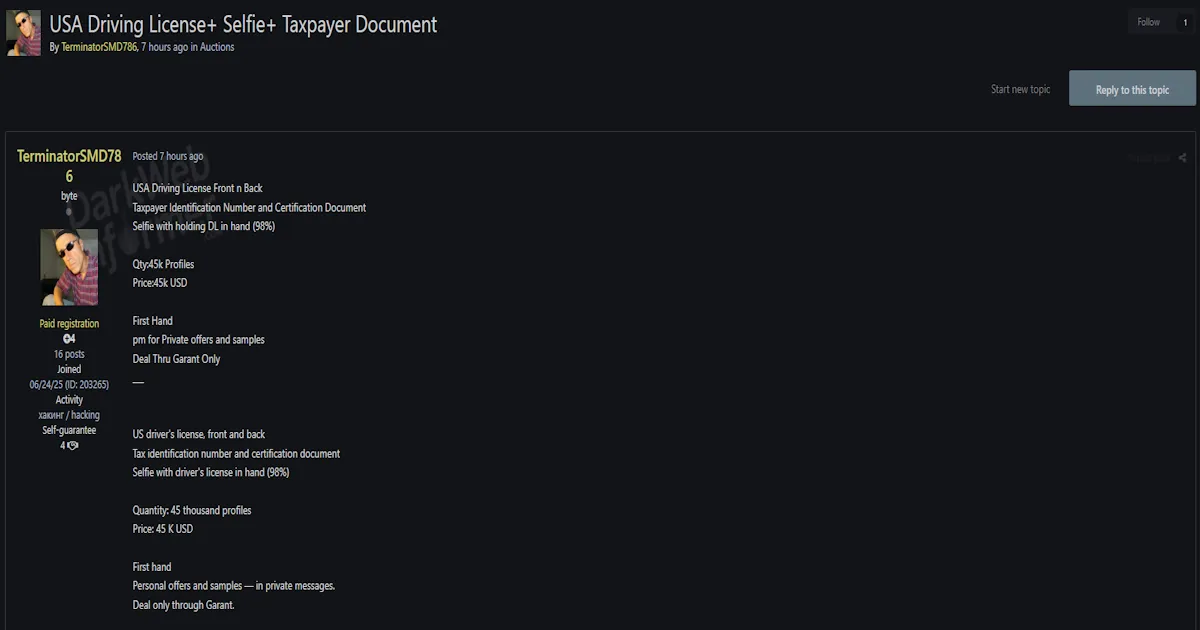Alleged Sale of U.S. Driver’s Licenses, Selfies, and Taxpayer Documents