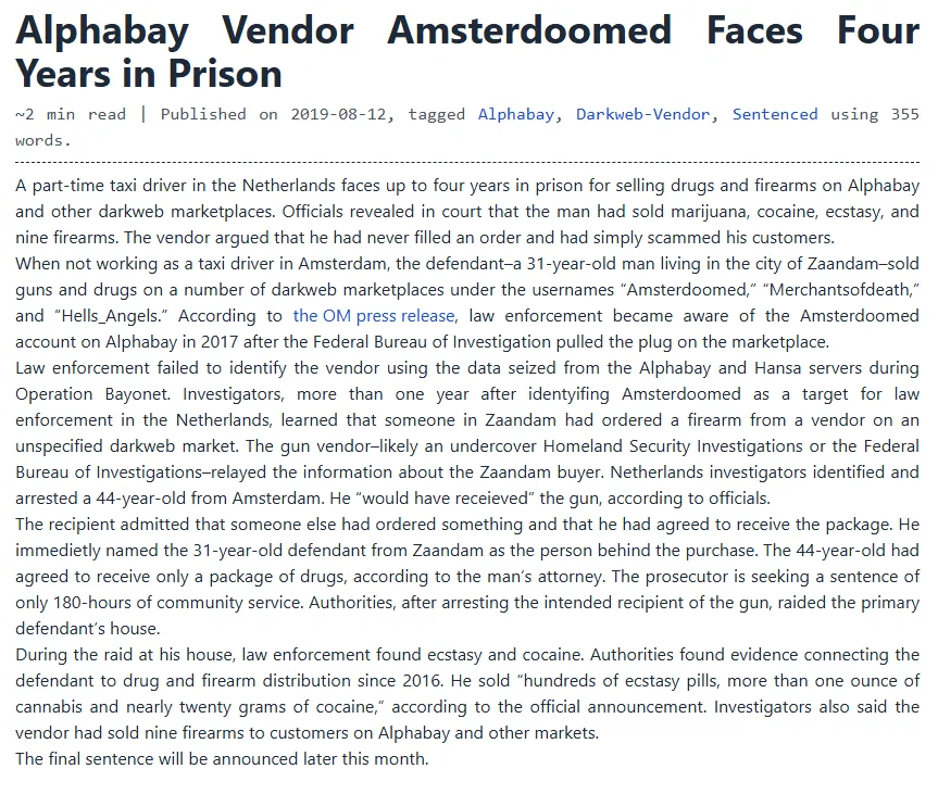 [Darknetlive Archive] Alphabay Vendor Amsterdoomed Faces Four Years in Prison