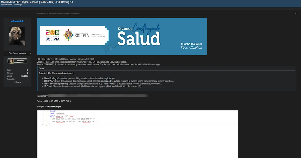 Alleged Data Sale of Bolivia Ministry of Health and Sports