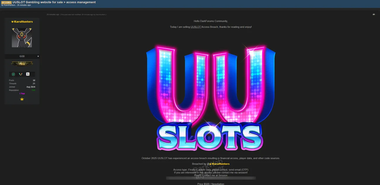 Alleged Sale of Access to UU Slots Website