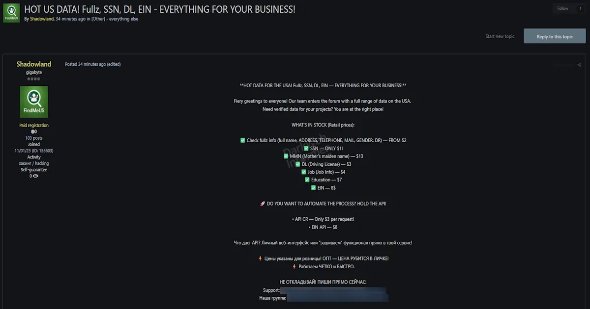 U.S. Identity Data Sold on a Popular Forum; Fullz, SSN, DL, EIN, More
