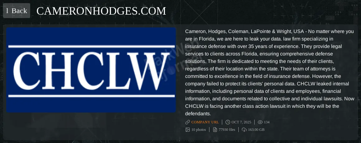 Cameron, Hodges, Coleman, LaPointe & Wright, P.A. Falls Victim to Qilin Ransomware