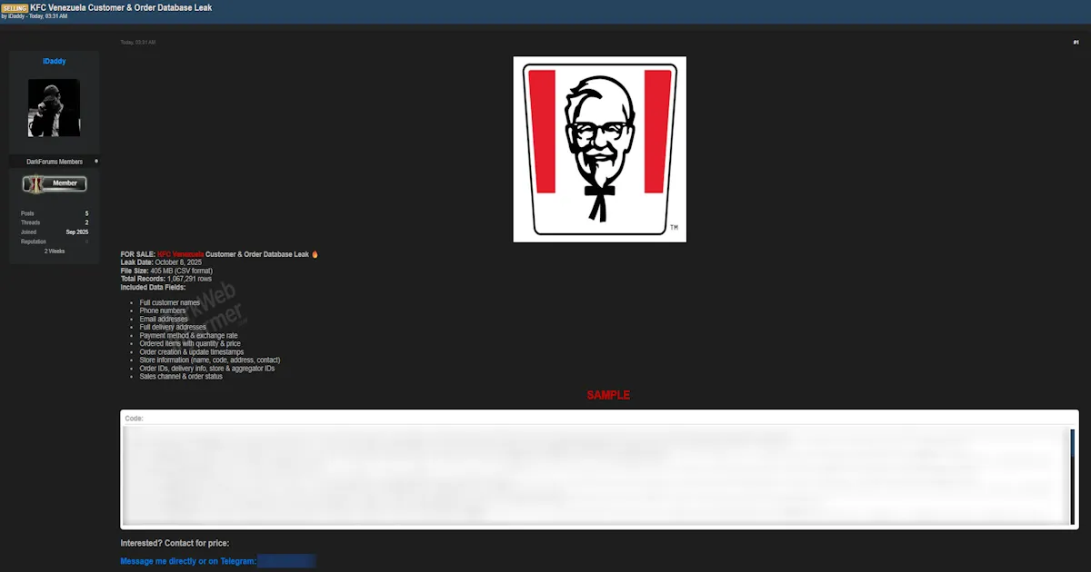 Alleged Data Sale of KFC Venezuela Customer & Order Database