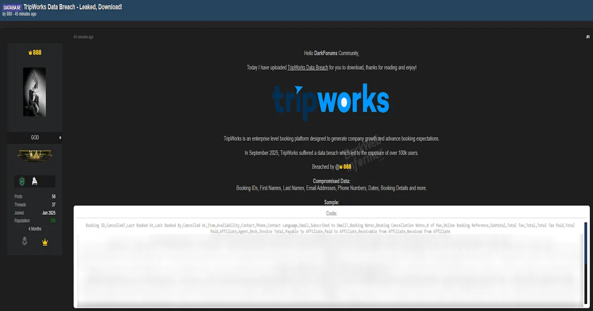 Alleged Data Breach of TripWorks
