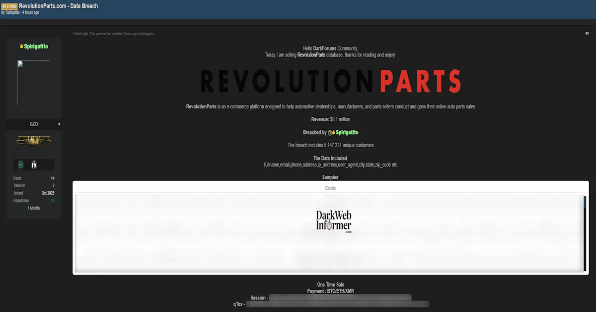 Alleged Data Sale of RevolutionParts