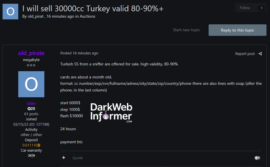 Alleged Sale of 30,000 Turkish Credit Cards (80–90% Validity)
