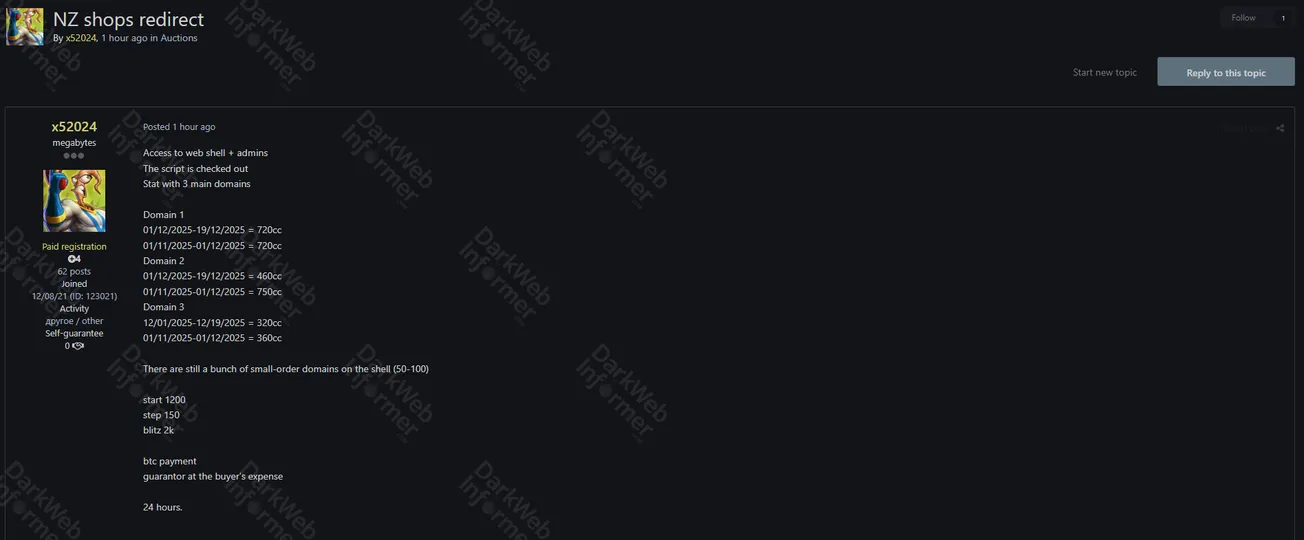Alleged Sale of Unauthorized Webshell and Admin Access to an Unidentified Shop in New Zealand