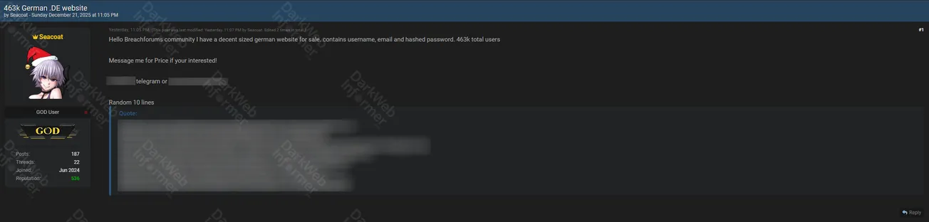 Alleged Data Sale of Unidentified German Website User Database