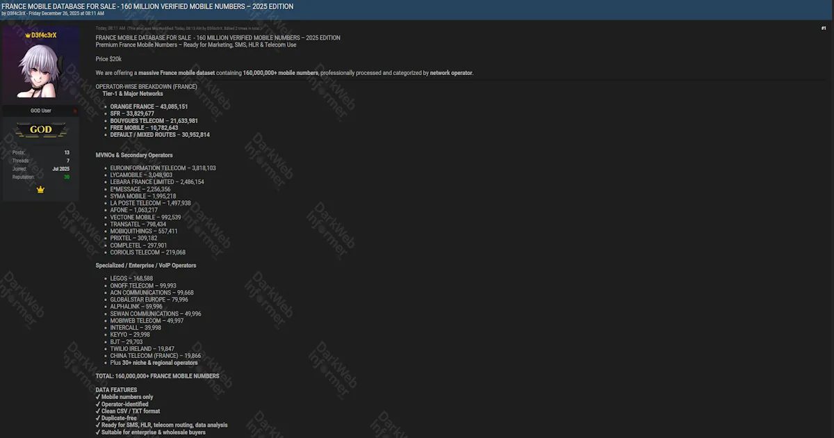Alleged sale of France mobile database containing 160 million mobile numbers