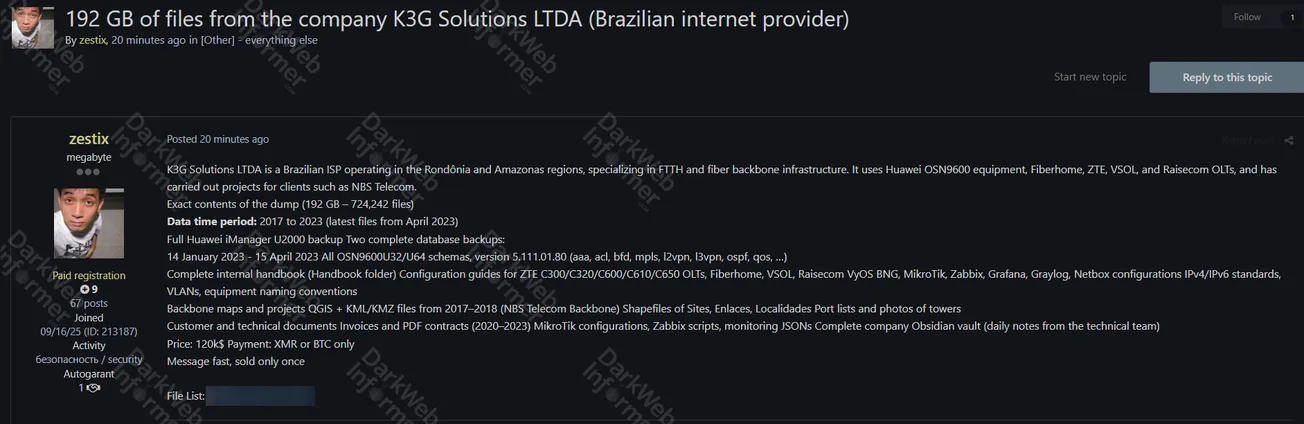 Alleged Data Breach of K3G Solutions LTDA in Brazil