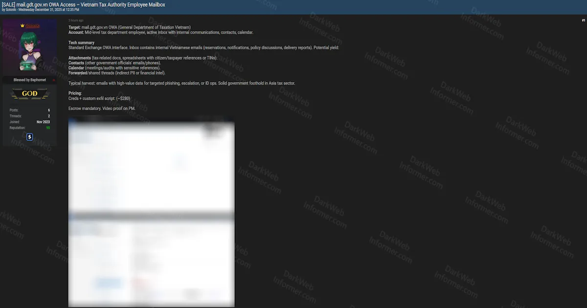 Vietnam General Department of Taxation Employee Email Access Offered for Sale