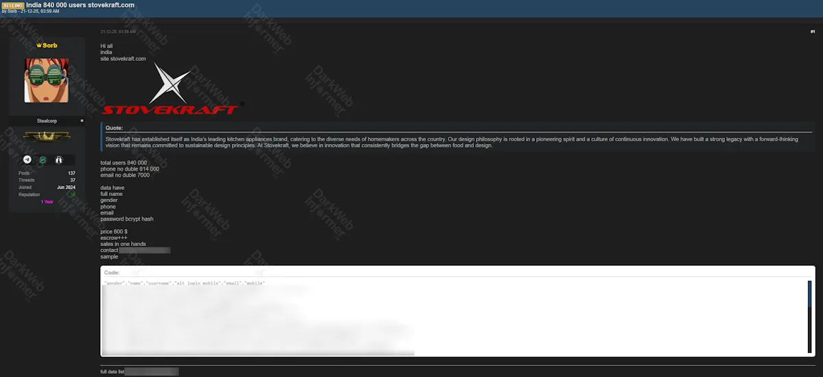Alleged Data Sale of Stovekraft User Database