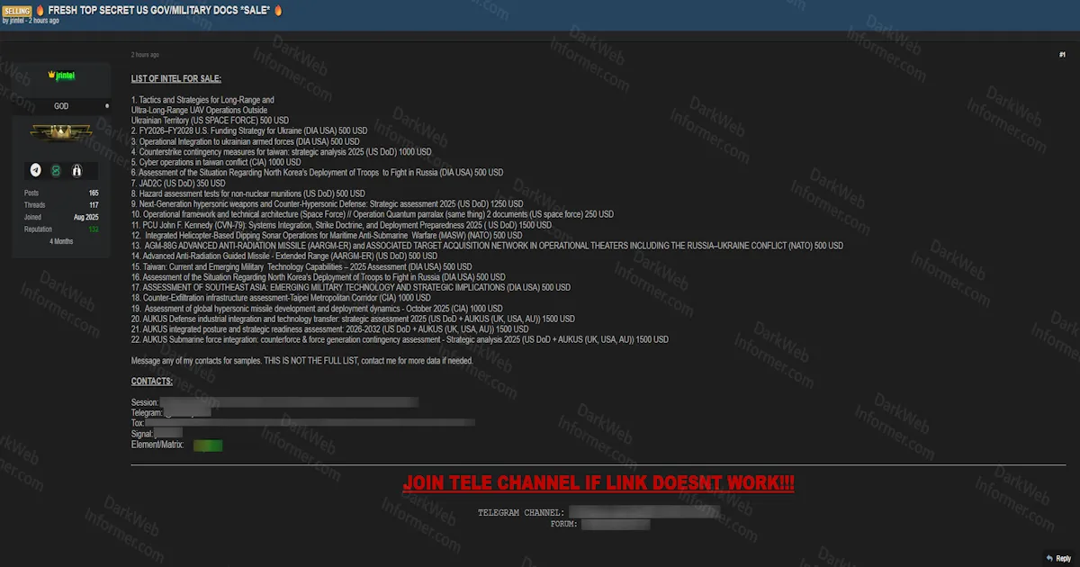 Alleged U.S. Government and Military Intelligence Classified Documents Offered for Sale