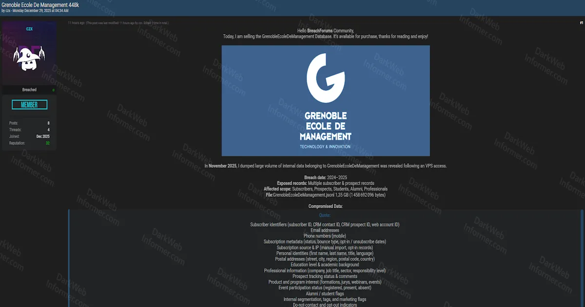 French Management School CRM Database Offered for Sale Following VPS Compromise