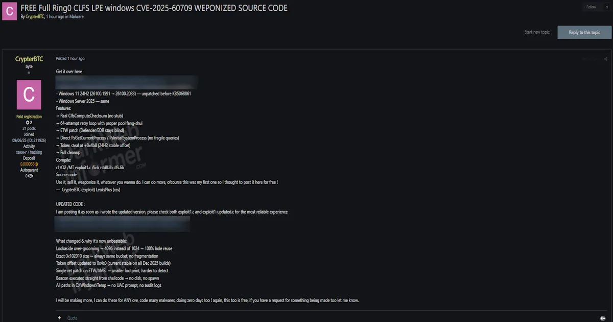 Alleged Sale of Exploit Code for CVE-2025-60709