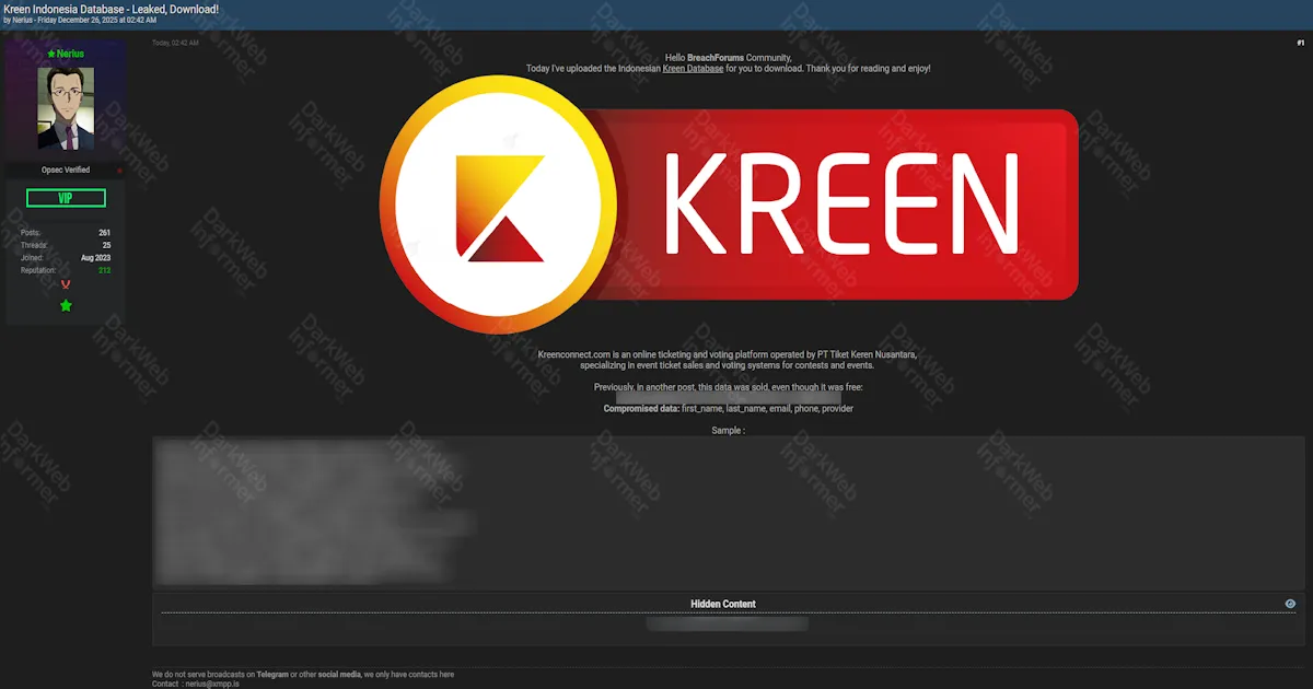 Alleged data leak of Kreen Indonesia database
