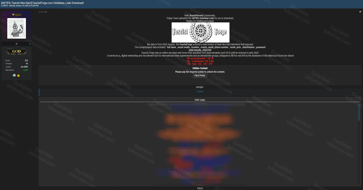 Fascist Forge Neo-Nazi Forum Database Allegedly Leaked with 2.3 Million Records