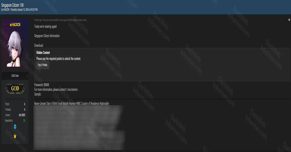 Data of 10,000 Singapore Citizens Allegedly Leaked with NRIC Numbers and Personal Details