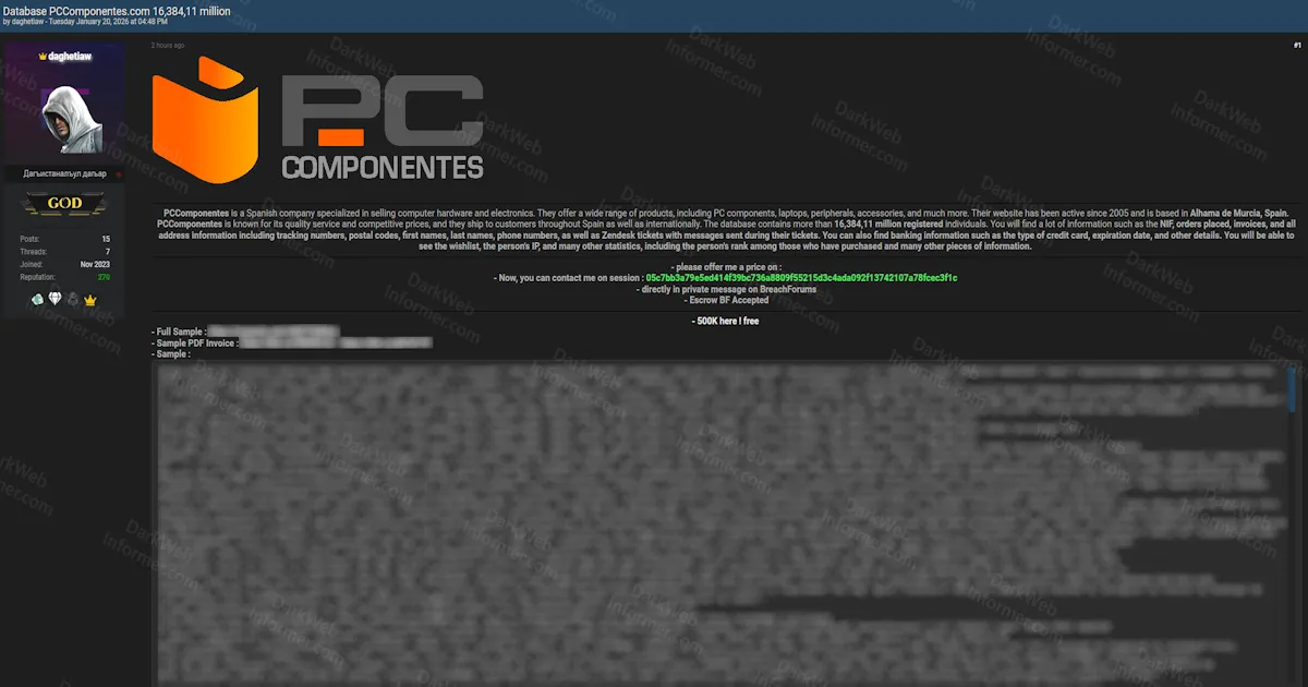 PCComponentes Allegedly Breached, Exposing 16.3 Million Customer Records Including Payment Card Data