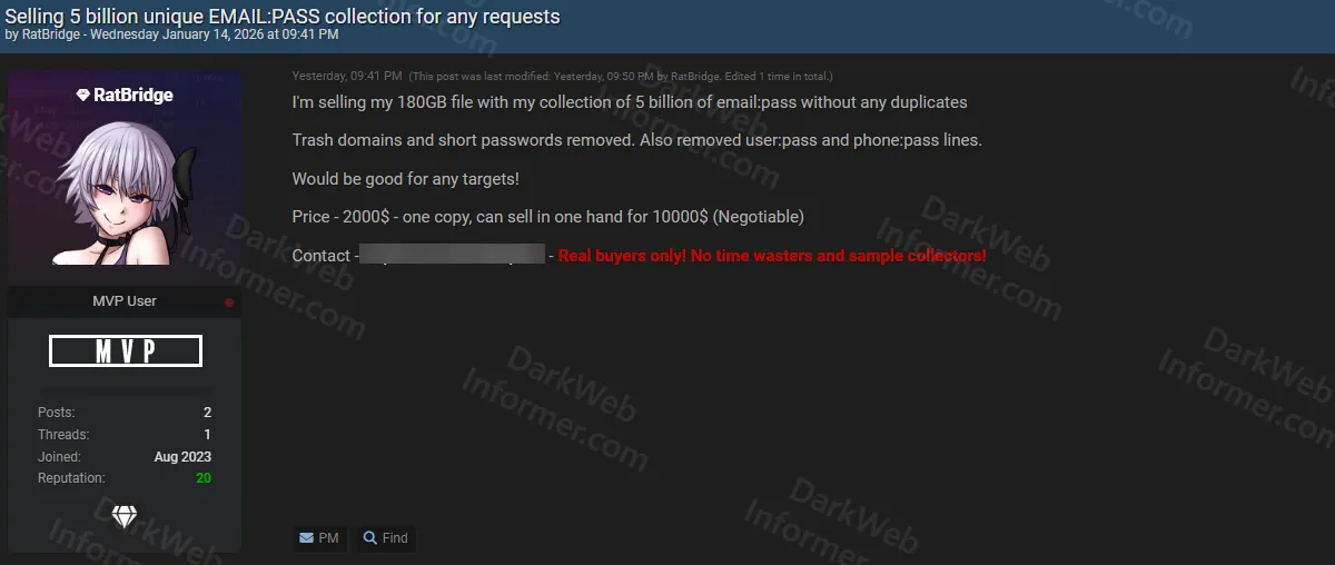 Threat Actor Claims to Sell 5 Billion Unique Email:Password Credential Compilation